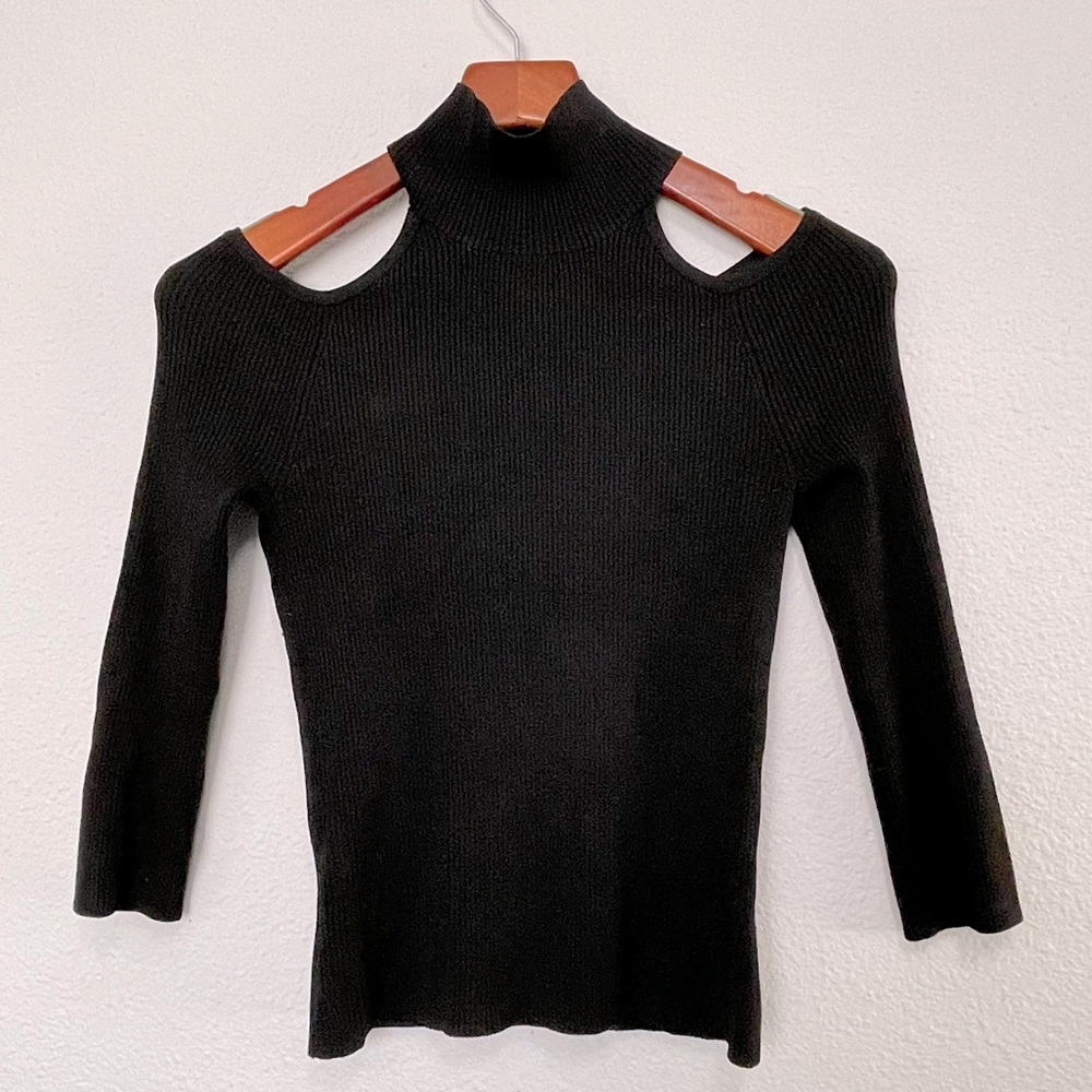 Black House White Market Black Short Sleeve Cutout Mockneck Silk Blend Sweater